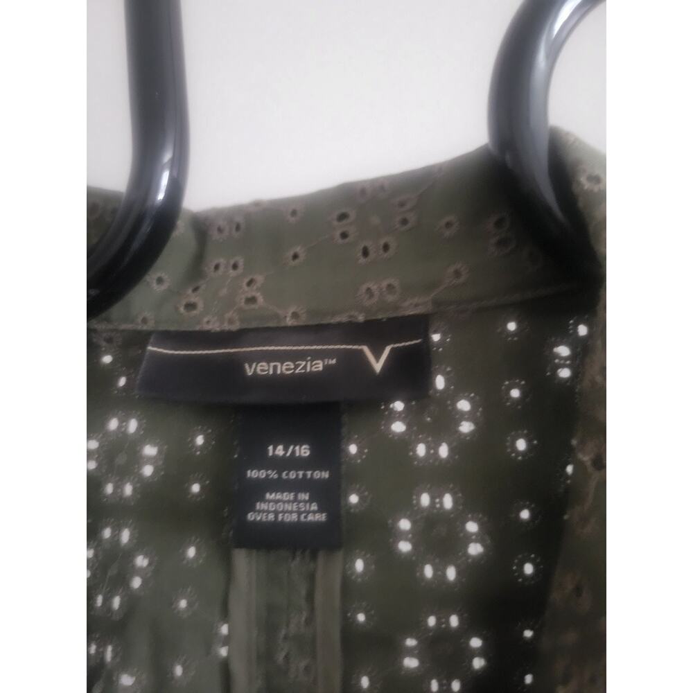 Venezia Size 14/16 Olive Green Eyelet Cotton Jacket Blazer EUC Lightweight - Picture 3 of 5